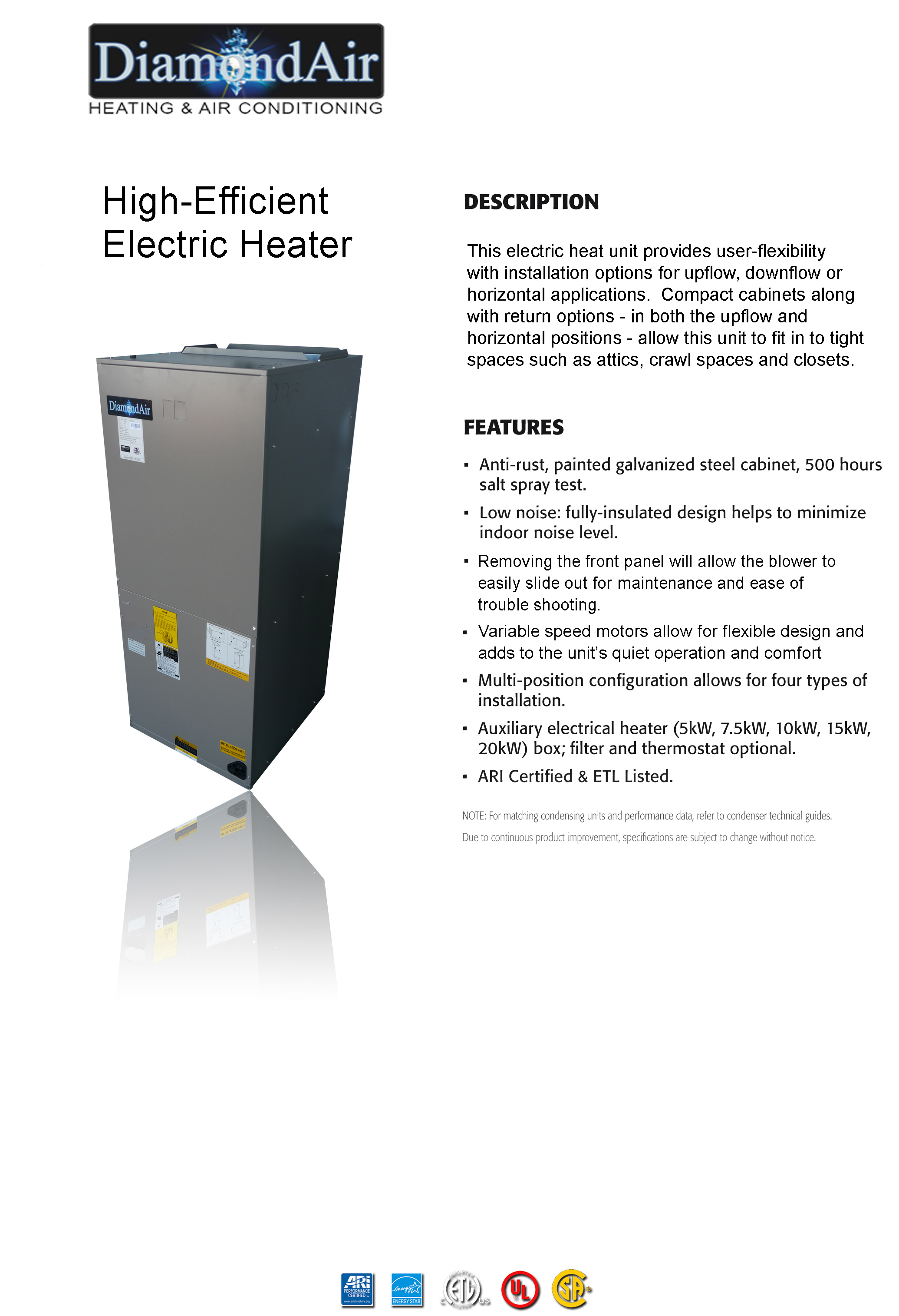 1,400 CFM Output DiamondAir Variable Speed Electric Furnace - D163642EO